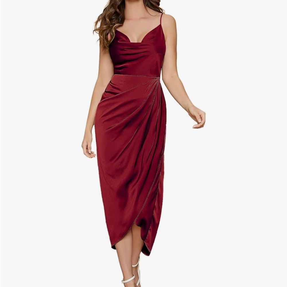 Floerns Women Satin Spaghetti Strap Cowl Neck Wrap Party Dress